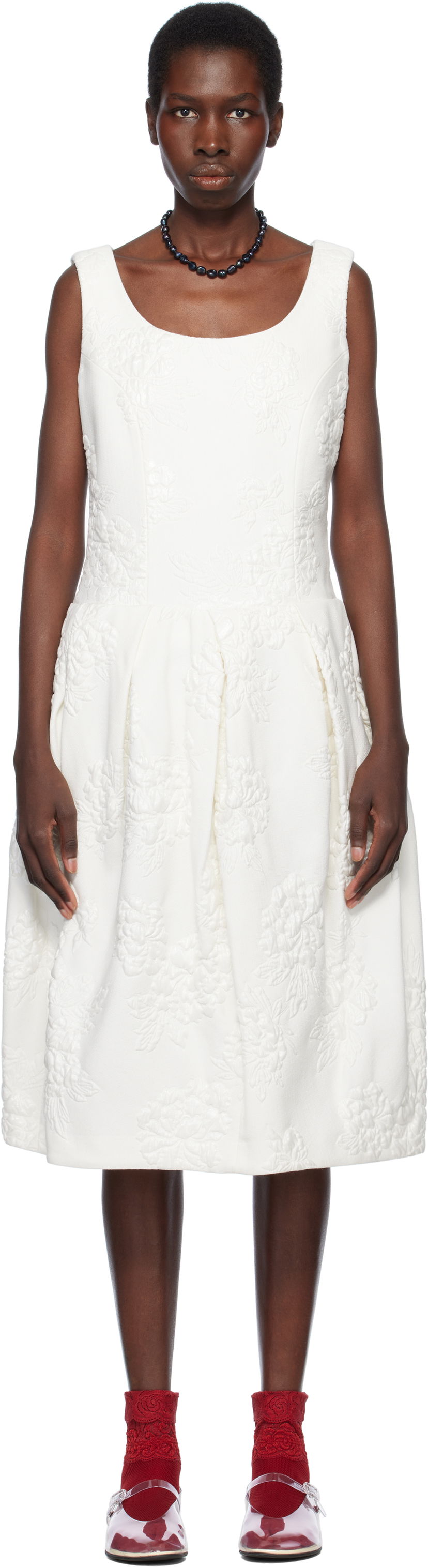 Kjole Comme des Garçons Comme des Garçons Jacquard Flower Pattern Midi Dress Hvid | RO-O008-051-1