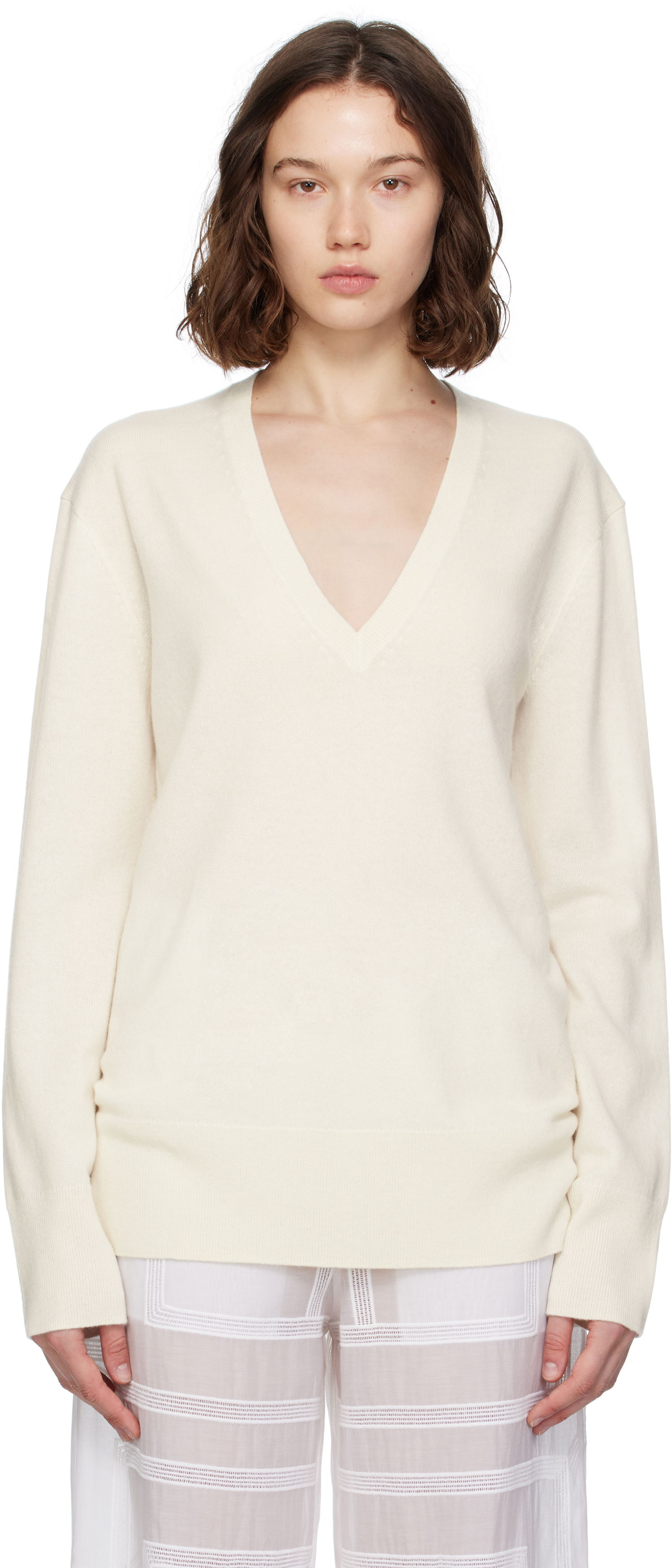 Sweater TOTEME TOTEME Cashmere V-Neck Knit Sweater Hvid | 252-WRT0521-YA0016, 0