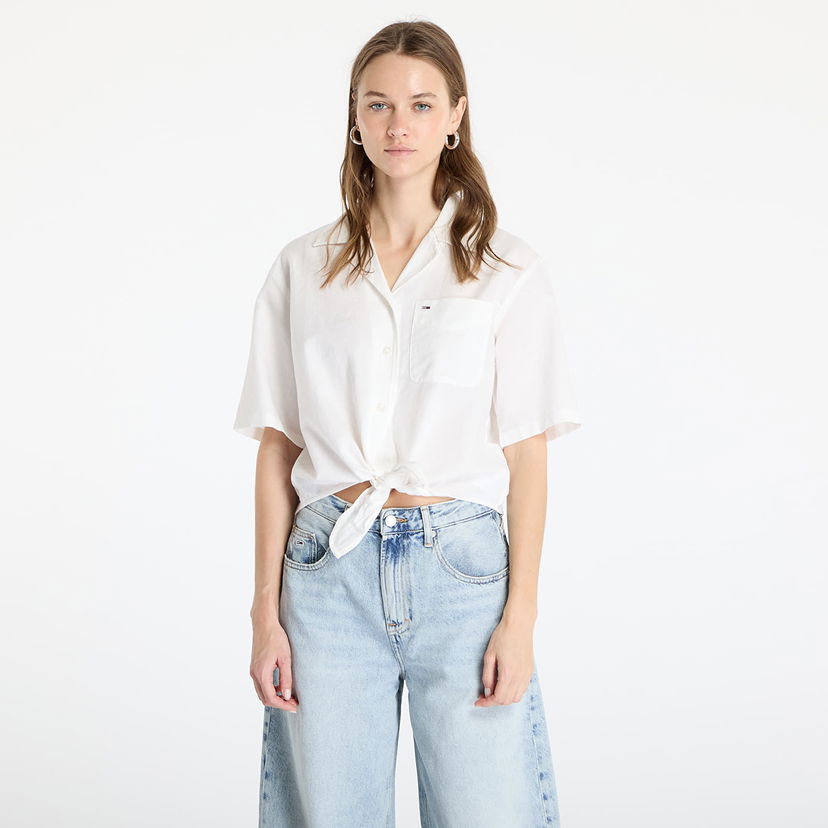 Skjorte Tommy Hilfiger Tommy Jeans Women's Cropped Linen Short Sleeve Shirt Hvid | DW0DW20286 YBL