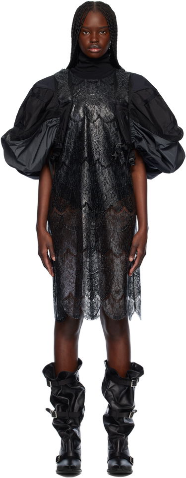 Kjole Junya Watanabe Junya Watanabe Scalloped Lace & Nylon Ripstop Midi Dress Sort | JO-O023-051-1, 0