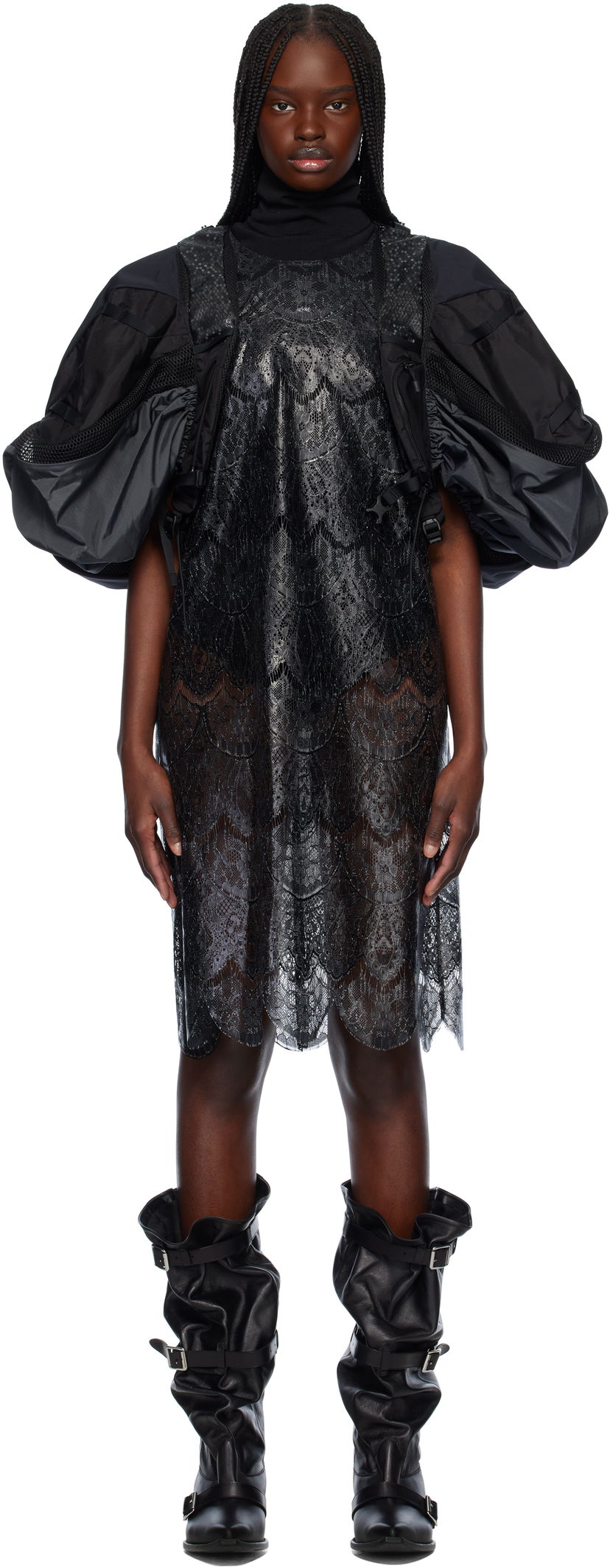 Kjole Junya Watanabe Junya Watanabe Scalloped Lace & Nylon Ripstop Midi Dress Sort | JO-O023-051-1