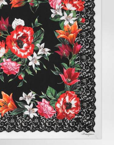 Tørklæde Dolce & Gabbana Dolce & Gabbana 90x90 Silk Twill Floral Print Square Scarf with Lace Border Flerfarvet | FN090RGDC7AHN5QV, 1