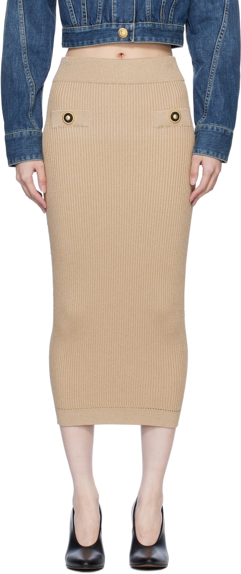 Nederdel Balmain Ribbed Knit Midi Skirt Beige | EF1LD022KI10
