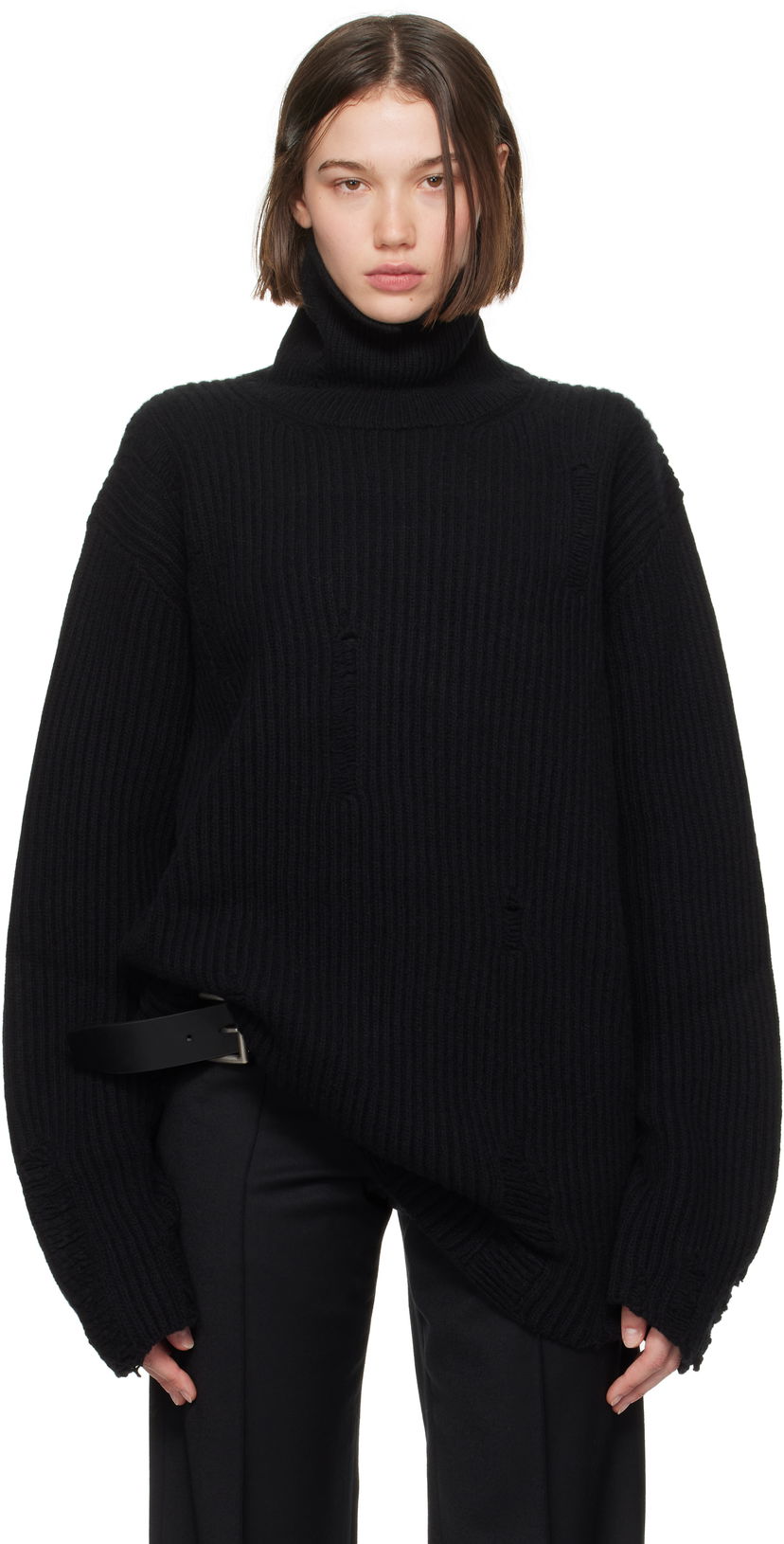 Sweater Ann Demeulemeester Oversized Distressed Turtleneck Sweater Sort | 2402-W-KN32-KN048-099
