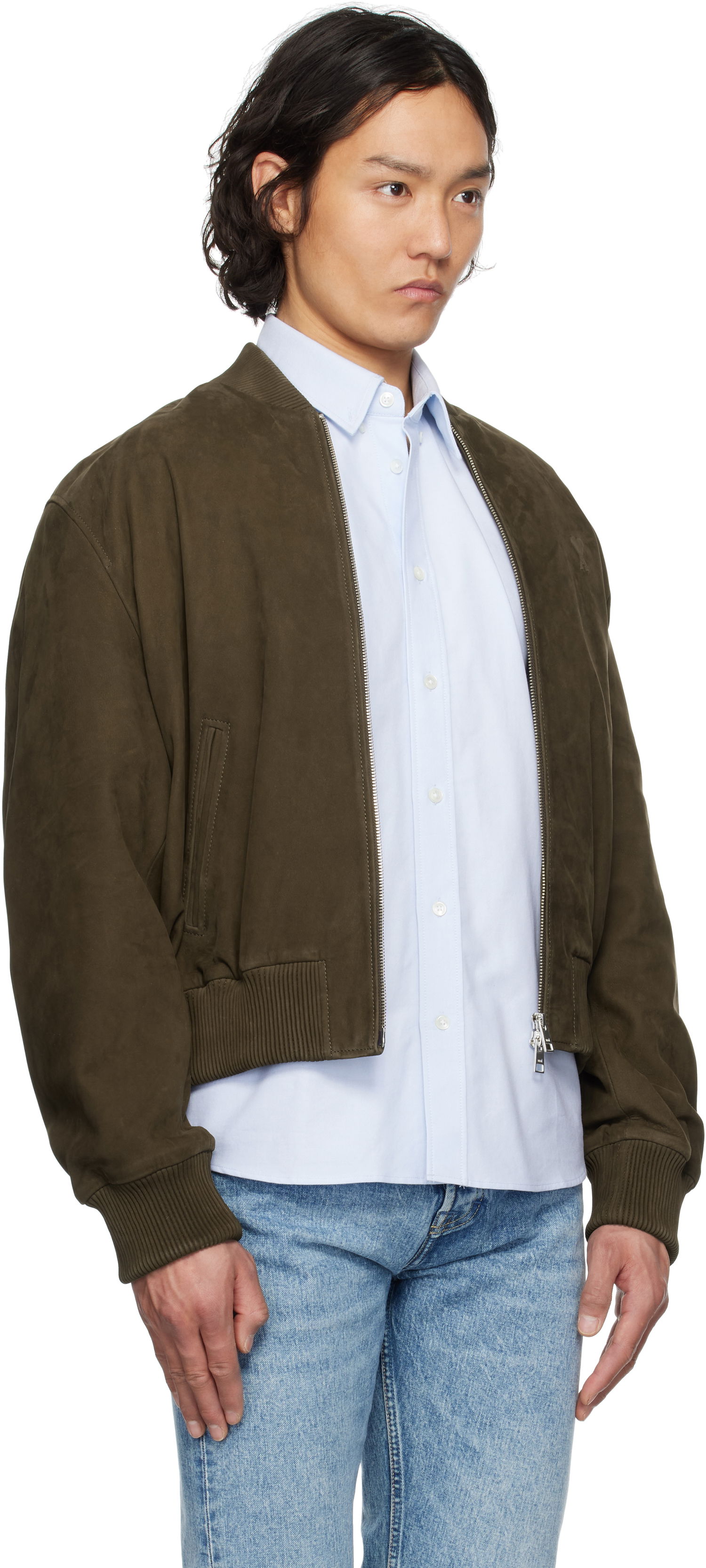 Bomberjakke AMI AMI Paris Zipped Suede Jacket Grøn | HJK152.LH0052, 1
