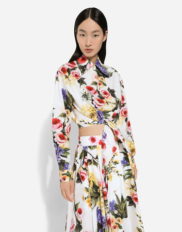 Skjorte Dolce & Gabbana Garden Print Tie-Front Crop Top Hvid | F5R73THS5Q1HA4YB, 3