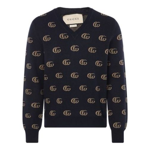Sweater Gucci Jacquard Wool V-Neck Sweater Mørkeblå | 645292-XKBPF-4804