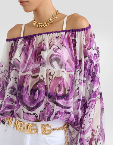 Crop top Dolce & Gabbana Dolce & Gabbana Majolica-Print Silk Chiffon Off-The-Shoulder Top Lilla | F72G7THI1T4HP5DQ, 3