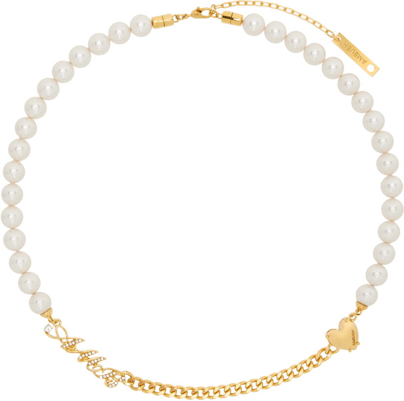 Halskæde Ambush AMBUSH Pearl and Chain Mix Necklace Hvid | BWOB007F24SIL0017600