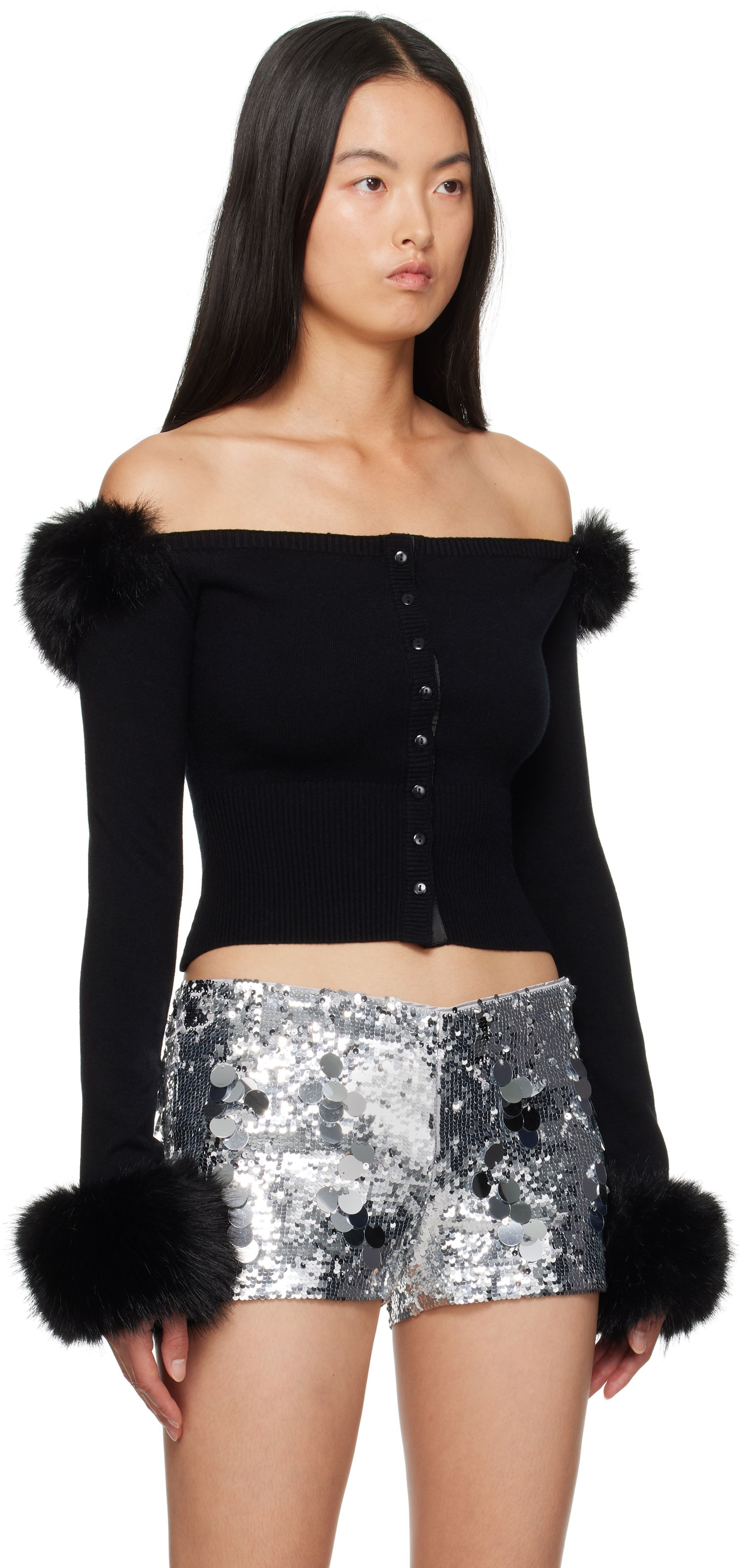 Sweater GUIZIO Guizio Off-The-Shoulder Faux Fur Cuffs Cardigan Sort | F24111S047, 1