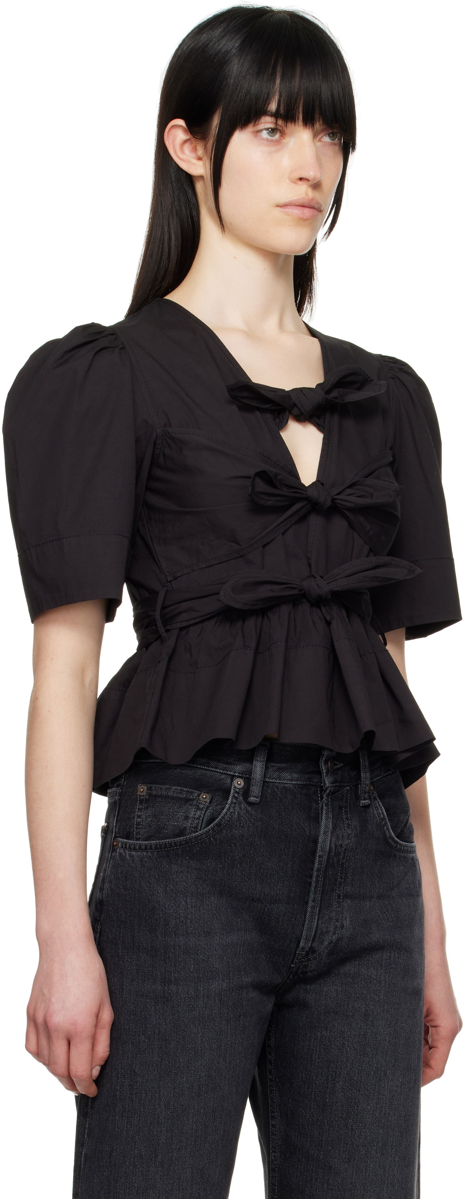 Crop top GANNI Ganni Tie Strap Stretch Cotton Peplum Blouse Sort | W0378, 1