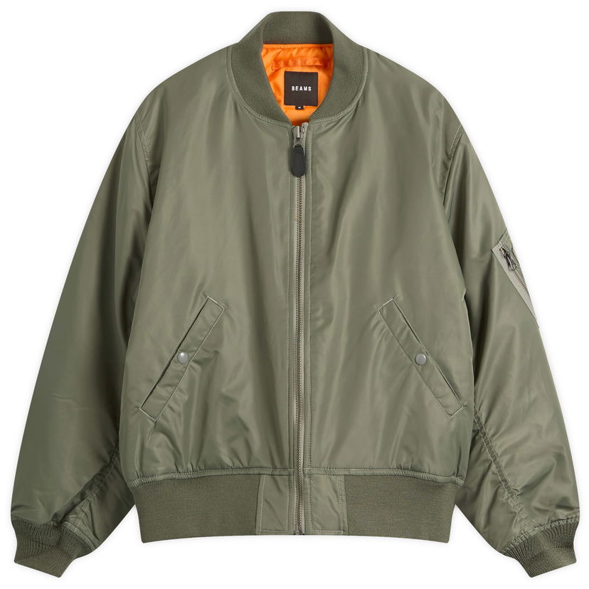 Bomberjakke BEAMS MA1 Bomber Jacket with Ribbed Trims, Zip Closure, Snap Pockets, and Orange Lining Grøn | 1118-5607-139-67