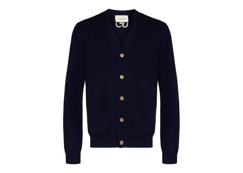 Sweater Gucci GG Embroidered Logo Cardigan Navy Mørkeblå | 599866XKA5B4440