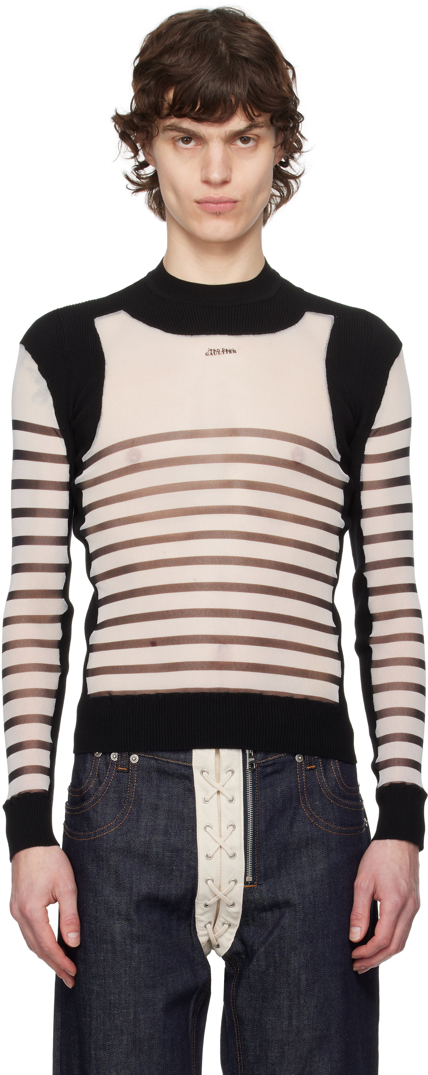 Sweater Jean Paul Gaultier Jean Paul Gaultier Bi-Material Marinière Striped Sweater Sort | 25/33-F-PL069-T574-0100, 0