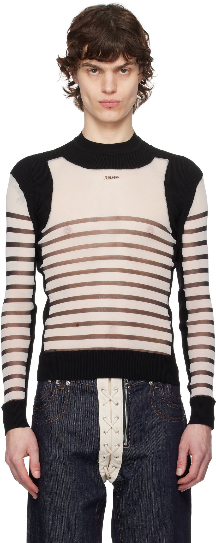 Sweater Jean Paul Gaultier Jean Paul Gaultier Bi-Material Marinière Striped Sweater Sort | 25/33-F-PL069-T574-0100