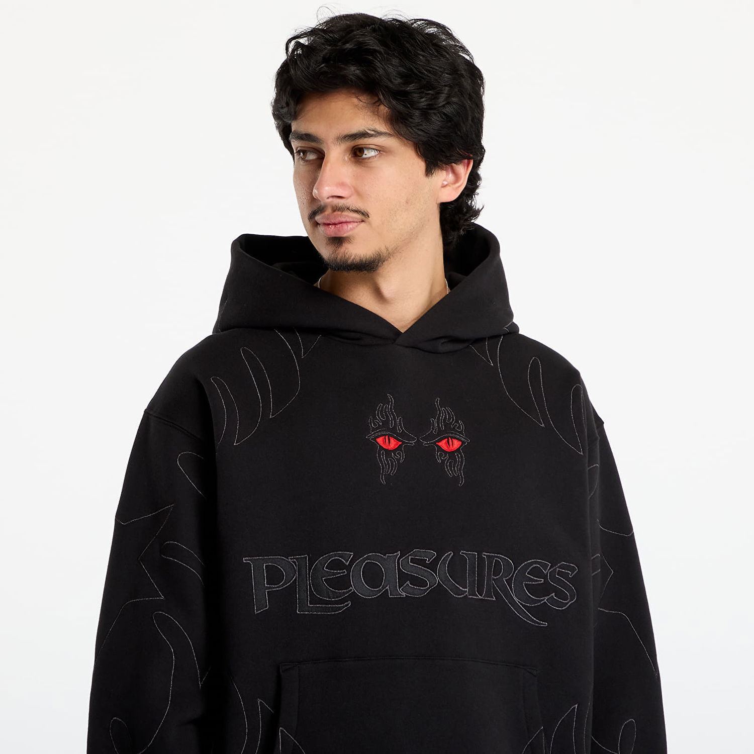 Sweatshirt Pleasures Afterlife Red Eyes Embroidered Outline Hoodie Sort | P25F025-BLACK, 1