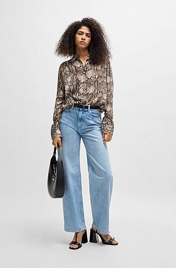 Skjorte BOSS Oversized Python-Print Crepe de Chine Blouse Brun | 50539779, 1