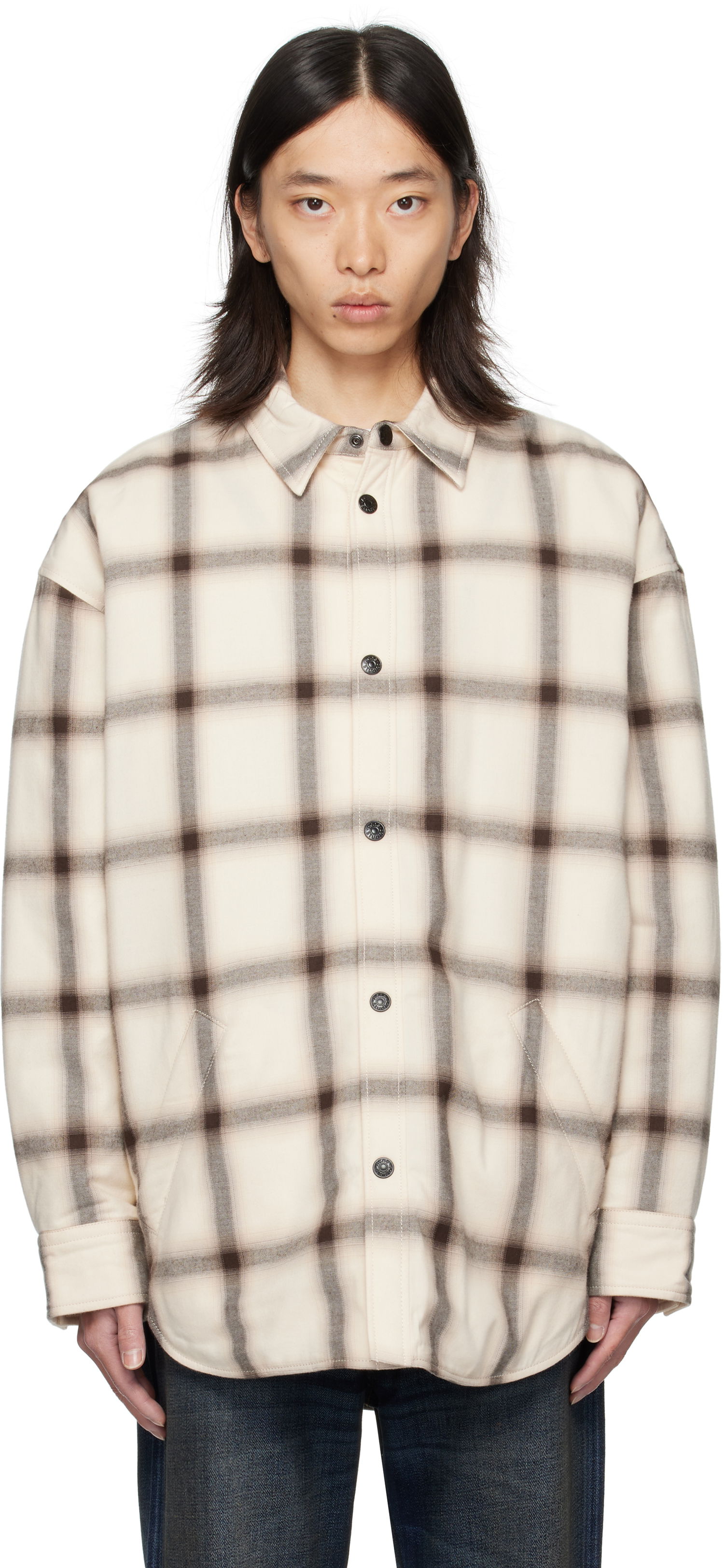 Skjorte Acne Studios Acne Studios Flannel Button-Up Overshirt Beige | B90845-, 0