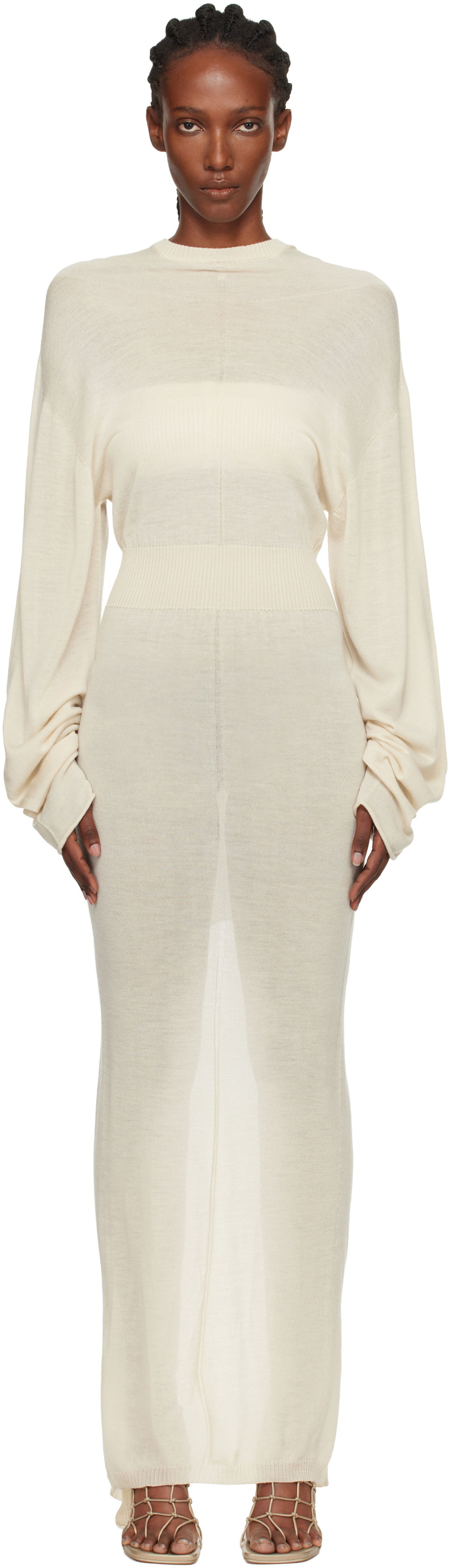 Kjole Rick Owens Concordians Knit Hooded Maxi Dress Beige | RP02E4649 M, 0