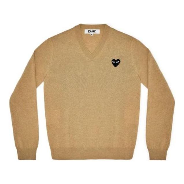 Sweater Comme des Garçons PLAY V-Neck Long Sleeve T-Shirt With Black Emblem Beige | AZ-N018-051-3