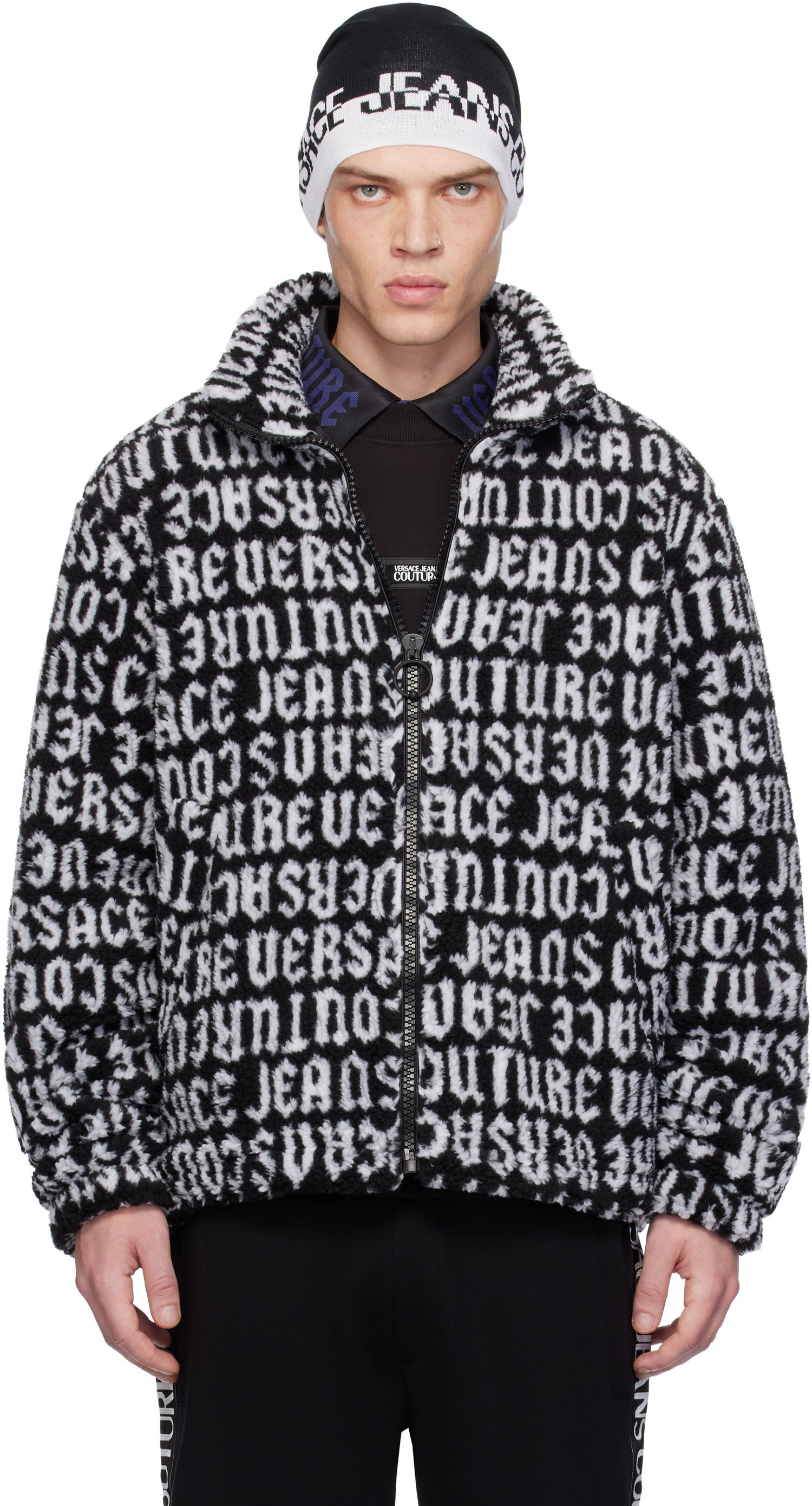 Bomberjakke Versace Black & White Logomania Teddy Jacket Sort | E77GAS426_EU0019, 0