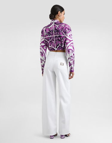 Skjorte Dolce & Gabbana Dolce & Gabbana Majolica-Print Tie-Front Poplin Shirt Lilla | F5T76TFI5JPHP5DQ, 2
