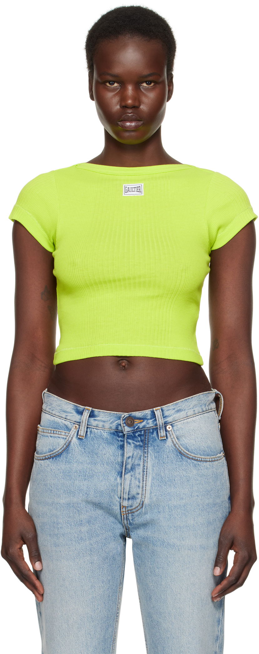 Crop top Jean Paul Gaultier Jean Paul Gaultier 'The Patch' Cropped Ribbed T-Shirt Grøn | 25/33-F-TS105P-J054-44