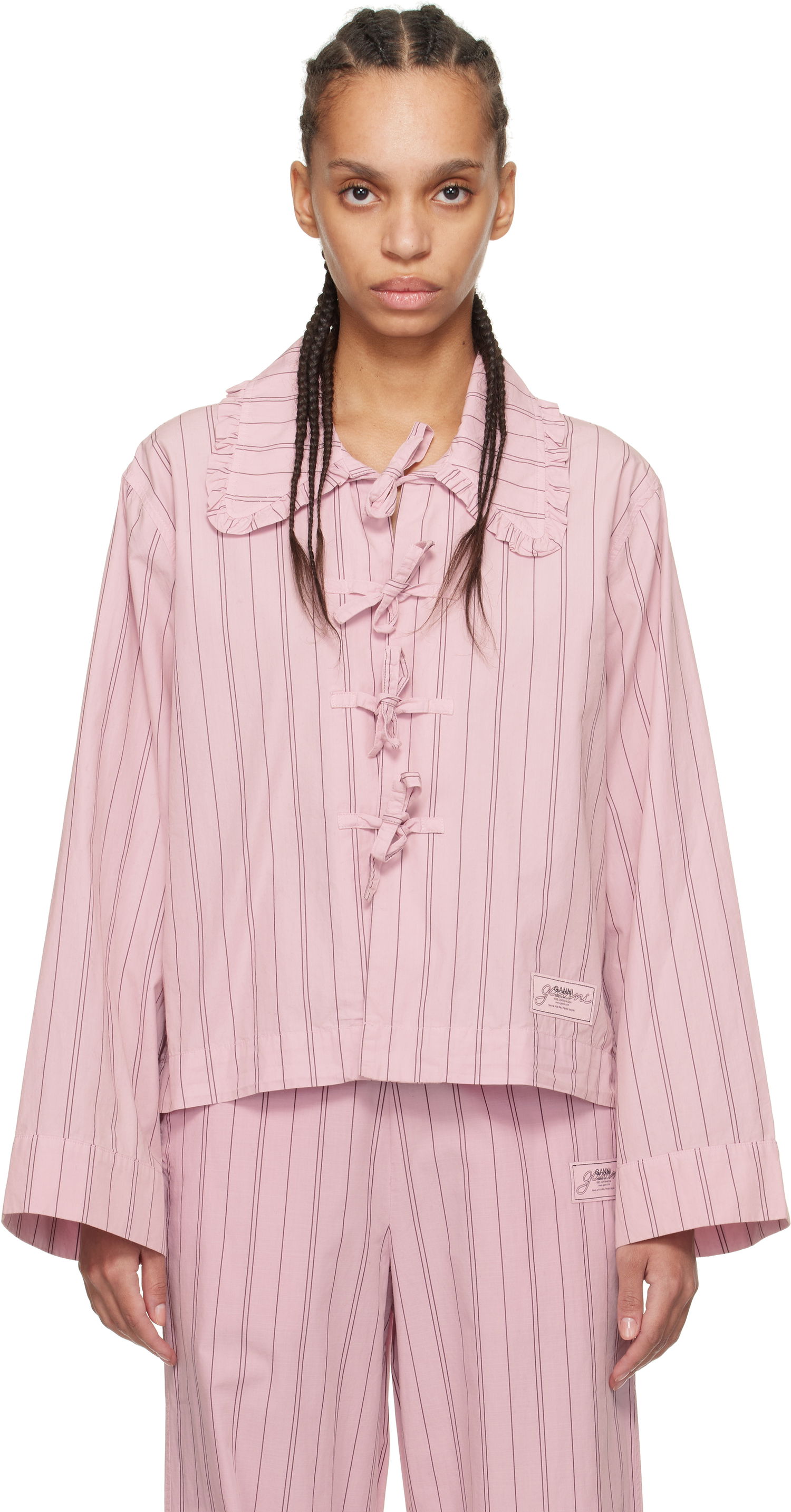 Skjorte GANNI GANNI Stripe Cotton Pyjama Shirt Lyserød | W0326, 0