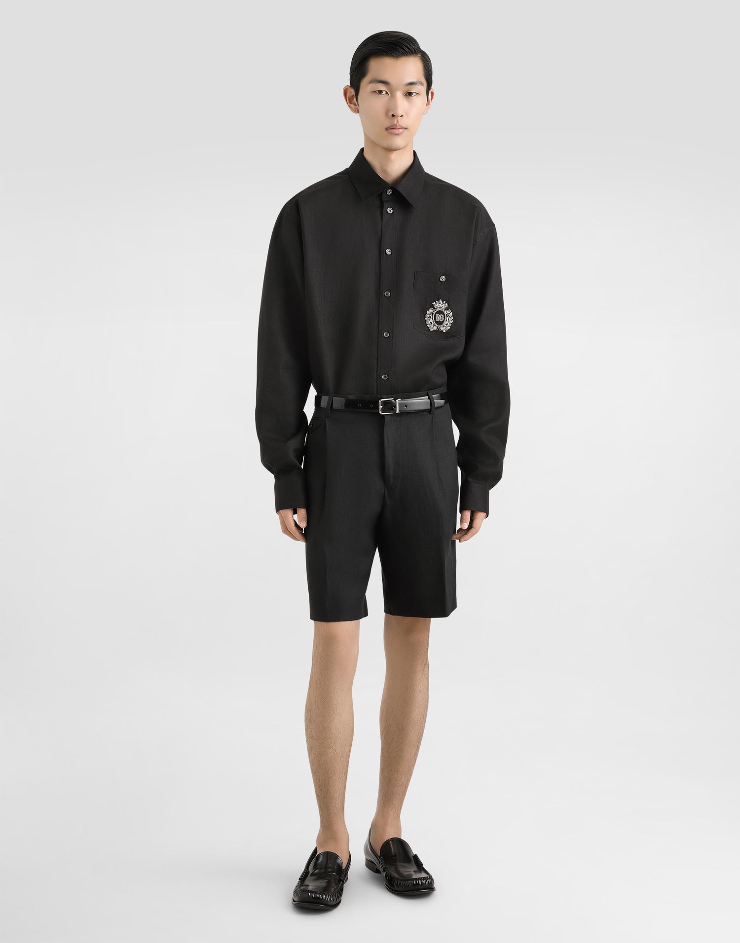 Skjorte Dolce & Gabbana Dolce & Gabbana Heraldic Patch Linen Shirt Sort | G5MS2ZFU4IKN0000, 1