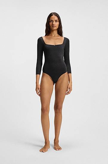 Krop BOSS Sparkly-jersey Long Sleeve Square Neck Bodysuit with Picot Trim Sort | 50550349, 1
