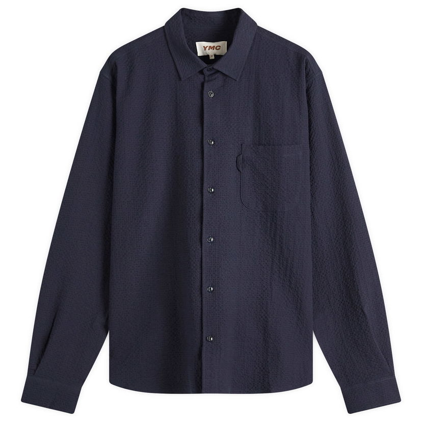 Skjorte YMC YMC Curtis Seersucker Shirt, Size Large Mørkeblå | P2AZI-40