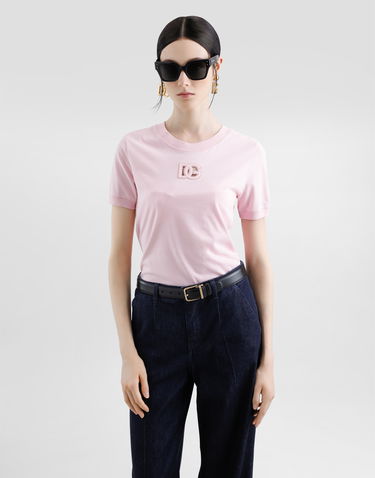 T-shirt Dolce & Gabbana Dolce & Gabbana Jersey T-Shirt with Raised DG Logo Lyserød | F8N08ZGDCX1F2528, 3