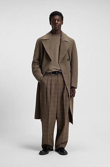 Frakker BOSS Virgin-wool double-breasted coat with removable faux-fur collar Brun | 50546526, 1