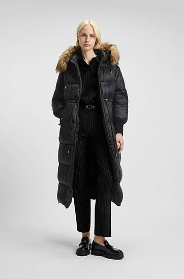 Puffer jakke BOSS Long Water-Repellent Puffer Parka with Detachable Faux Fur Hood Trim and Sleeves Sort | 50547222, 1