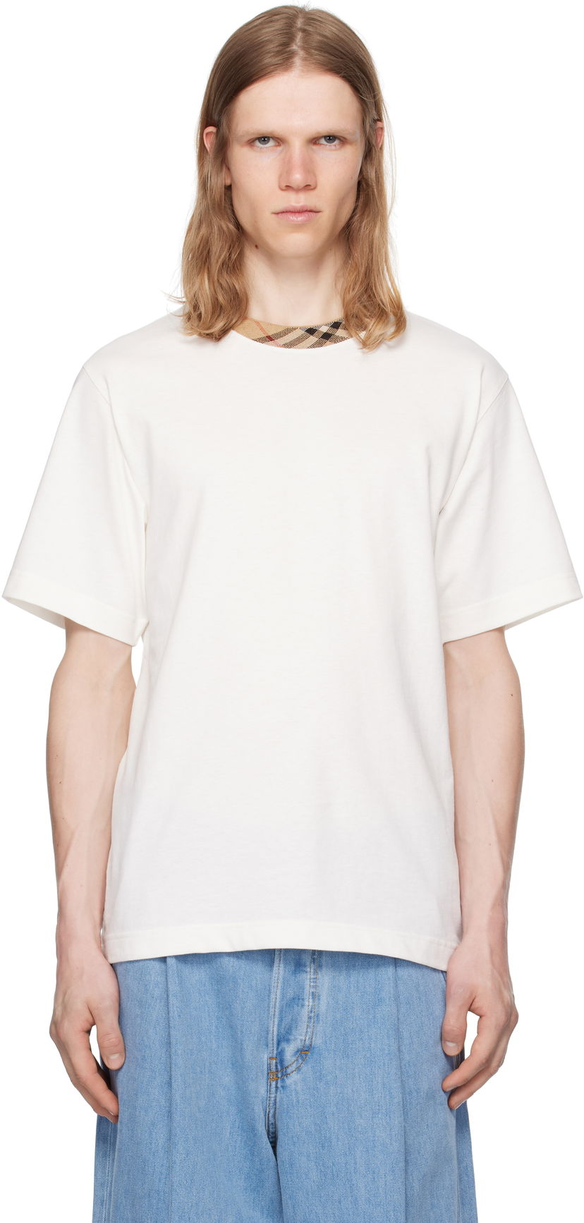 T-shirt Burberry Burberry Cotton T-Shirt with Check Trim Hvid | 8110100