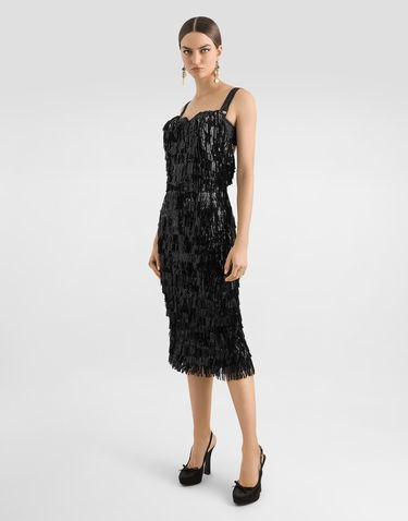 Kjole Dolce & Gabbana Dolce & Gabbana Sequined Fringe Slip Dress Sort | F6TOKTGDC0GS9000, 1