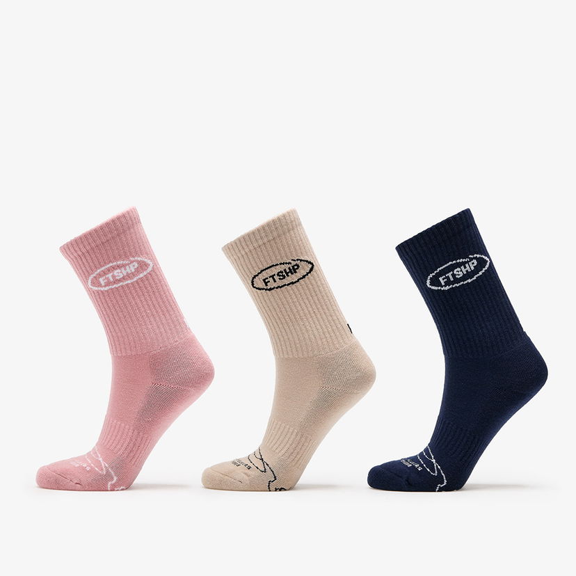 Sokker Footshop Basic Crew Socks 3-Pack Navy/ Acru/ Pink Flerfarvet | FTSHP_361