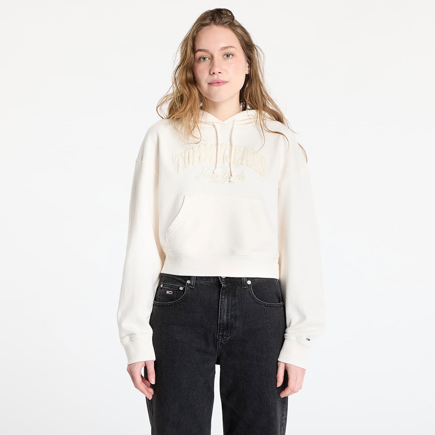 Sweatshirt Tommy Hilfiger Tommy Jeans Boxy Crop Varsity Hoodie Hvid | DW0DW19413 YBH, 0