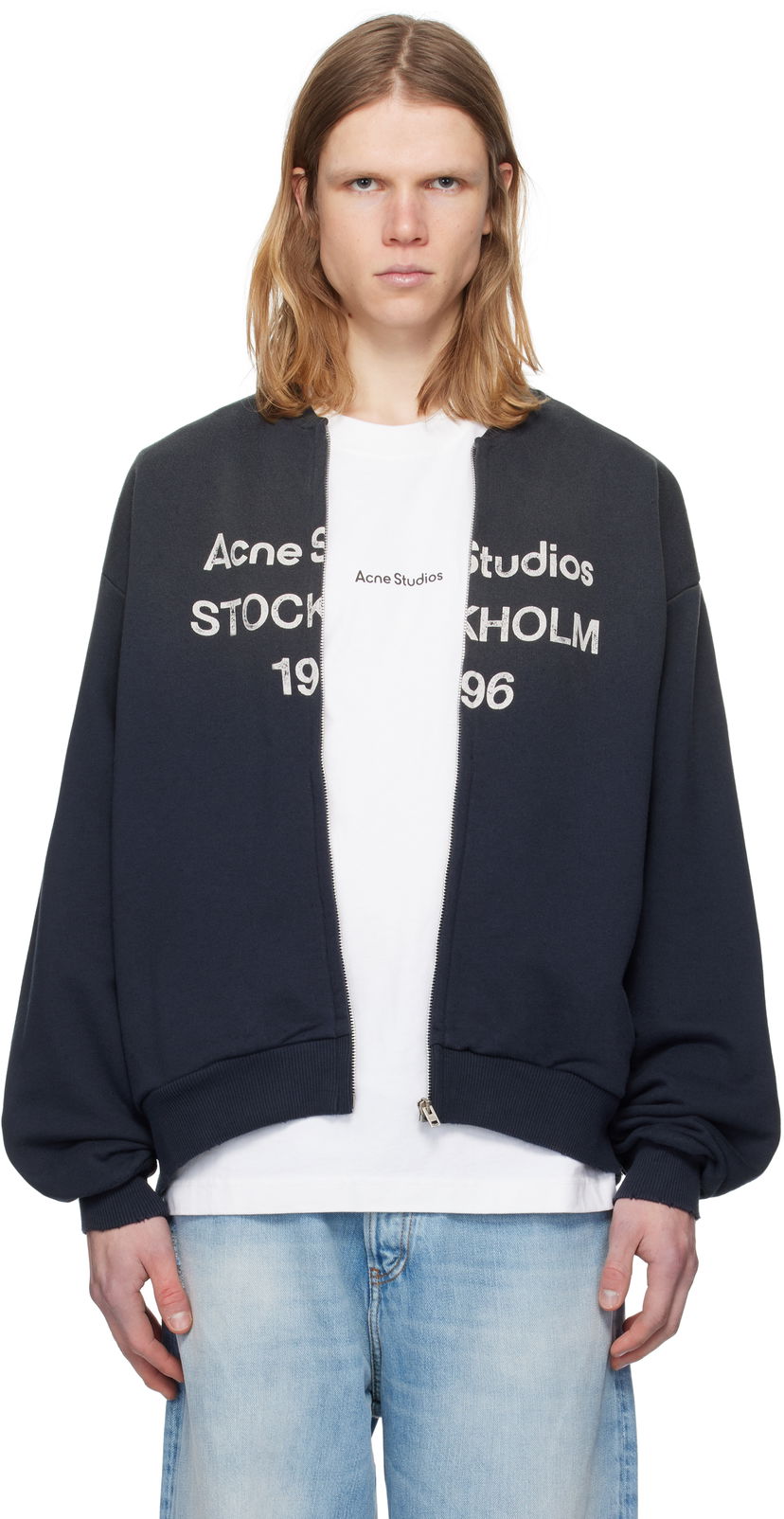 Bomberjakke Acne Studios Acne Studios Logo Zip Sweater Mørkeblå | CI0189-