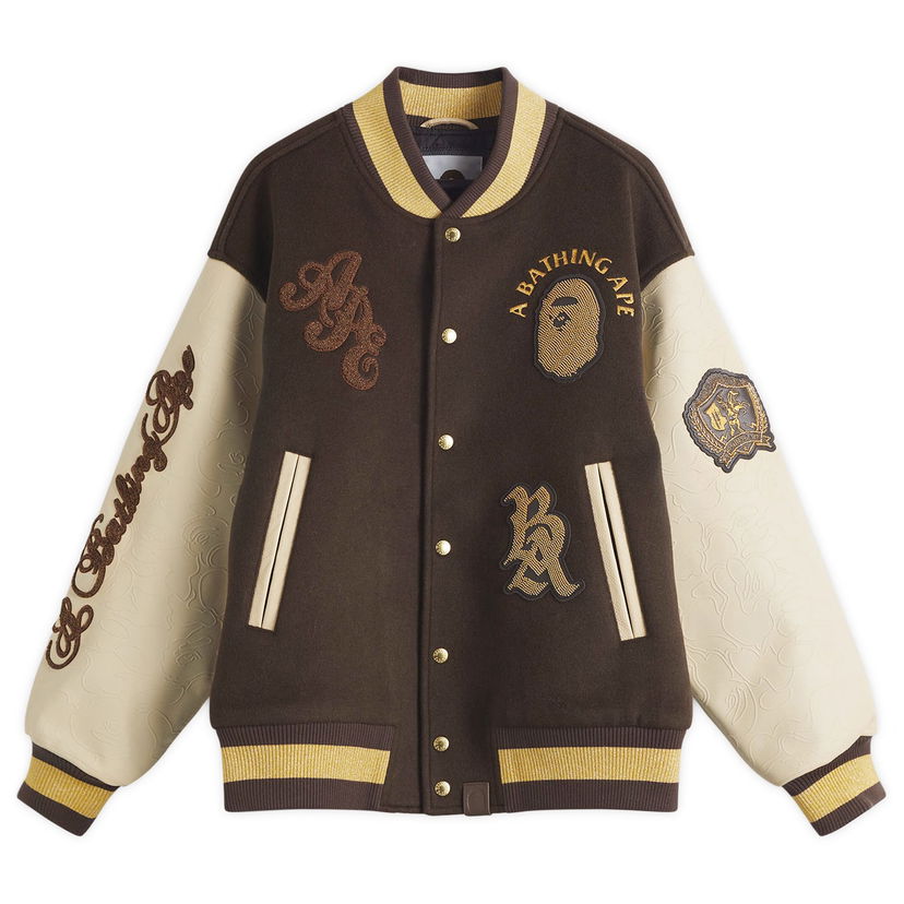 Bomberjakke BAPE Line Camo Logo Wool Varsity Jacket, Size Large Brun | 001HJL301302M-BRN