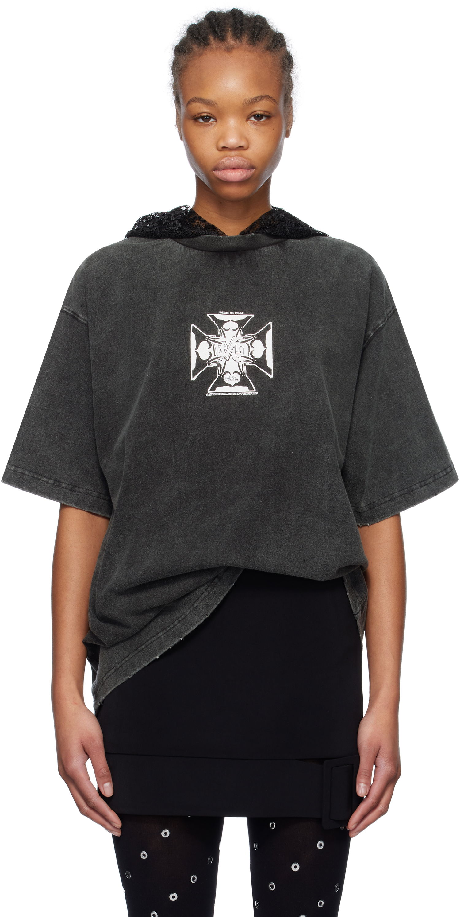 T-shirt We11done We11done Heart Cross Graphic Hooded T-Shirt Grå | WD-TH0-25-842-U-BK, 0
