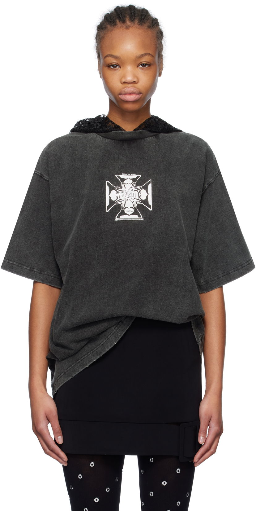 T-shirt We11done We11done Heart Cross Graphic Hooded T-Shirt Grå | WD-TH0-25-842-U-BK