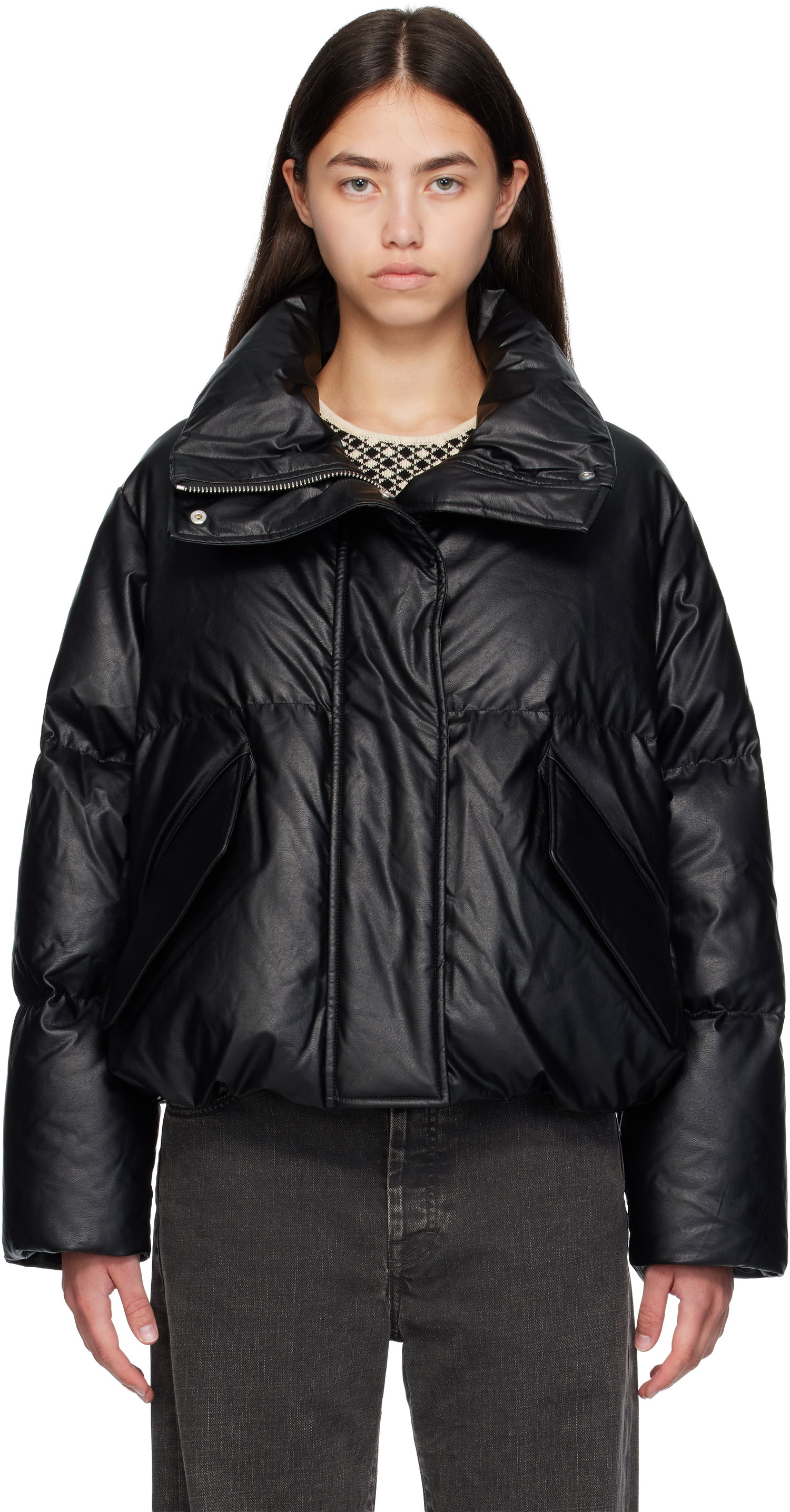 Puffer jakke Maison Margiela MM6 Maison Margiela Faux-Leather Zip Down Jacket Sort | S52AM0338 S53057, 0