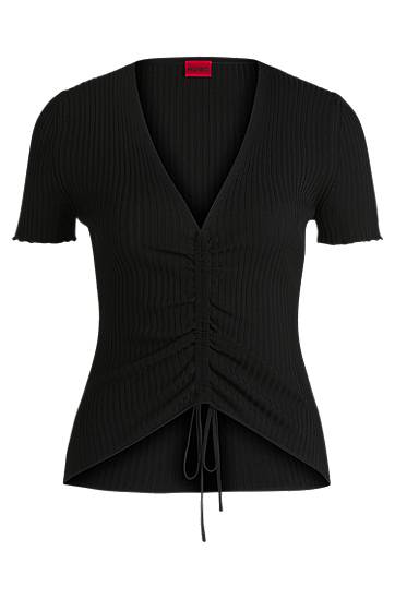 Sweater BOSS Ribbed Knit V-Neck Top with Gathered Front Sort | 50538231