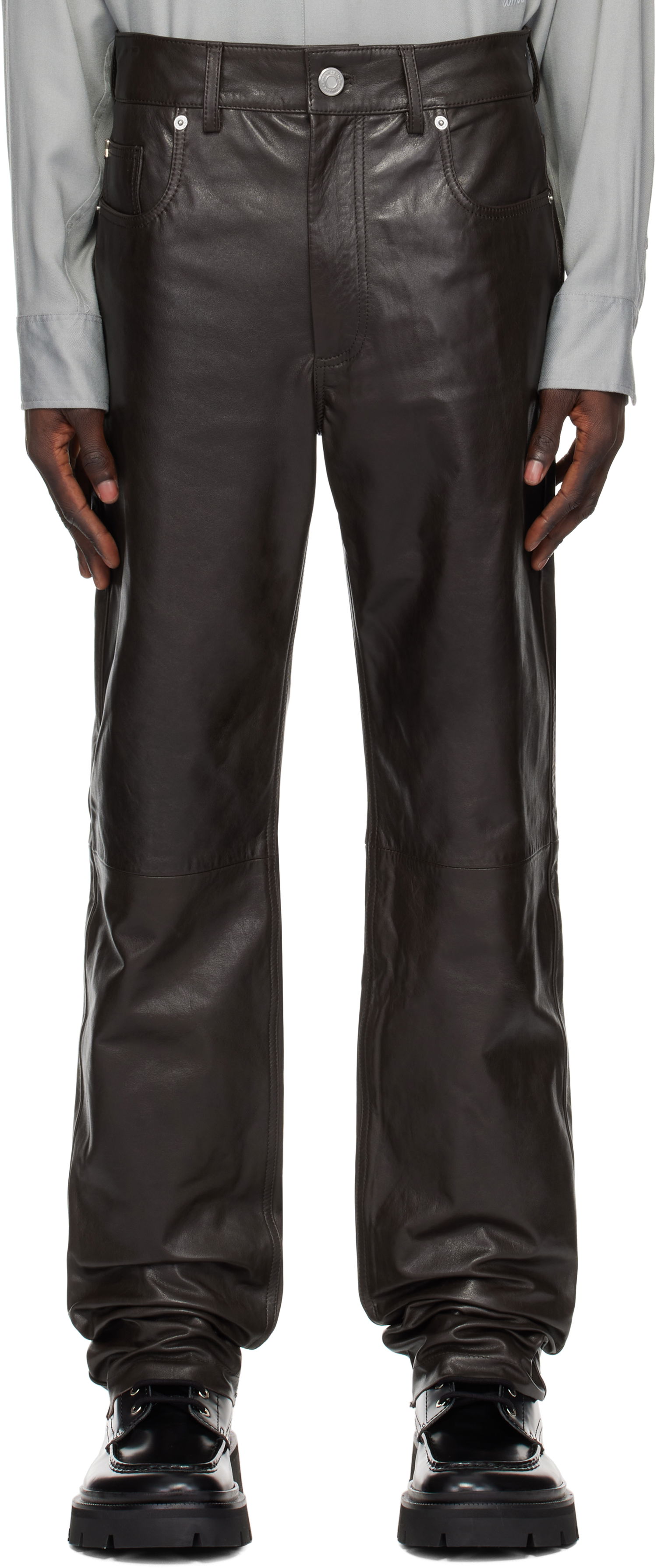 Jeans AMI Straight Fit Leather Pants Brun | HTR509.LH0043, 0