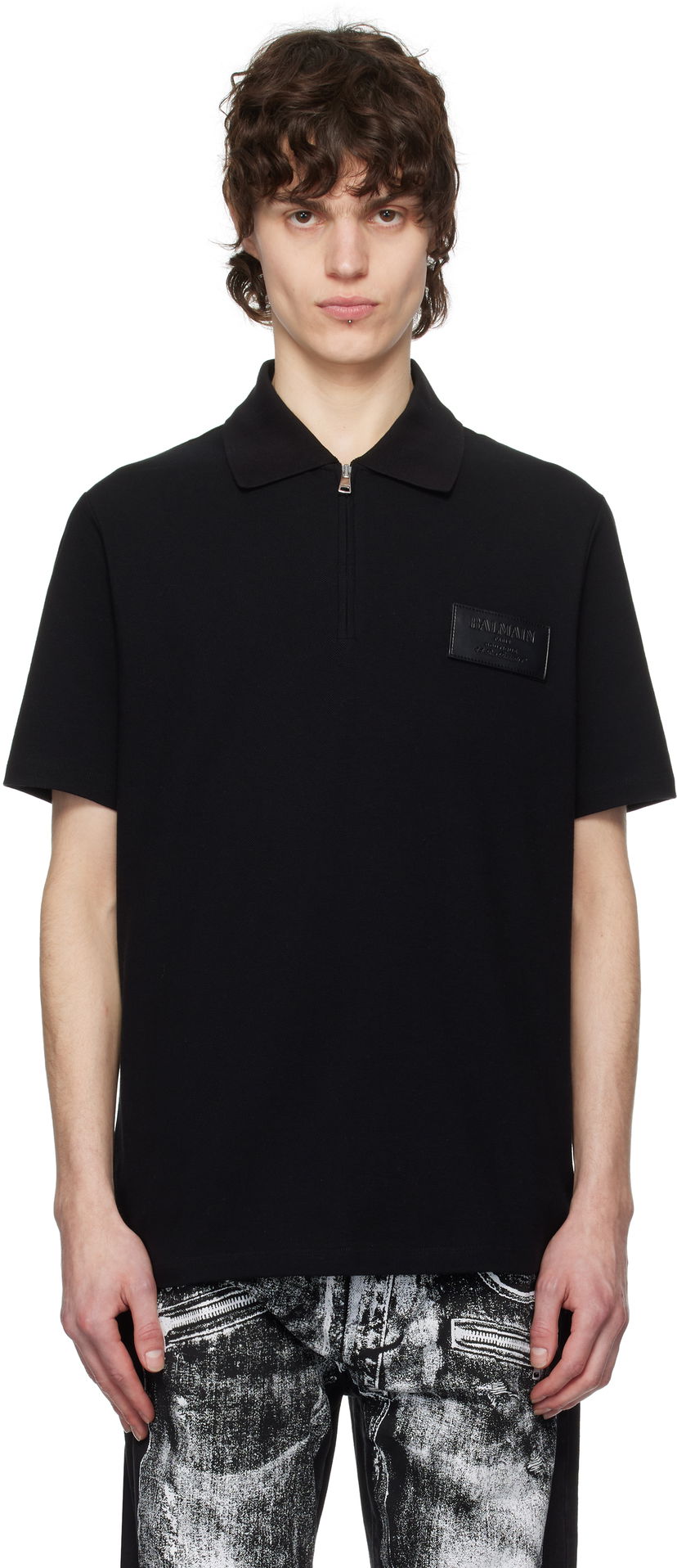 Polo skjorte Balmain Balmain Logo Patch Polo Sort | EH1GC027BC92