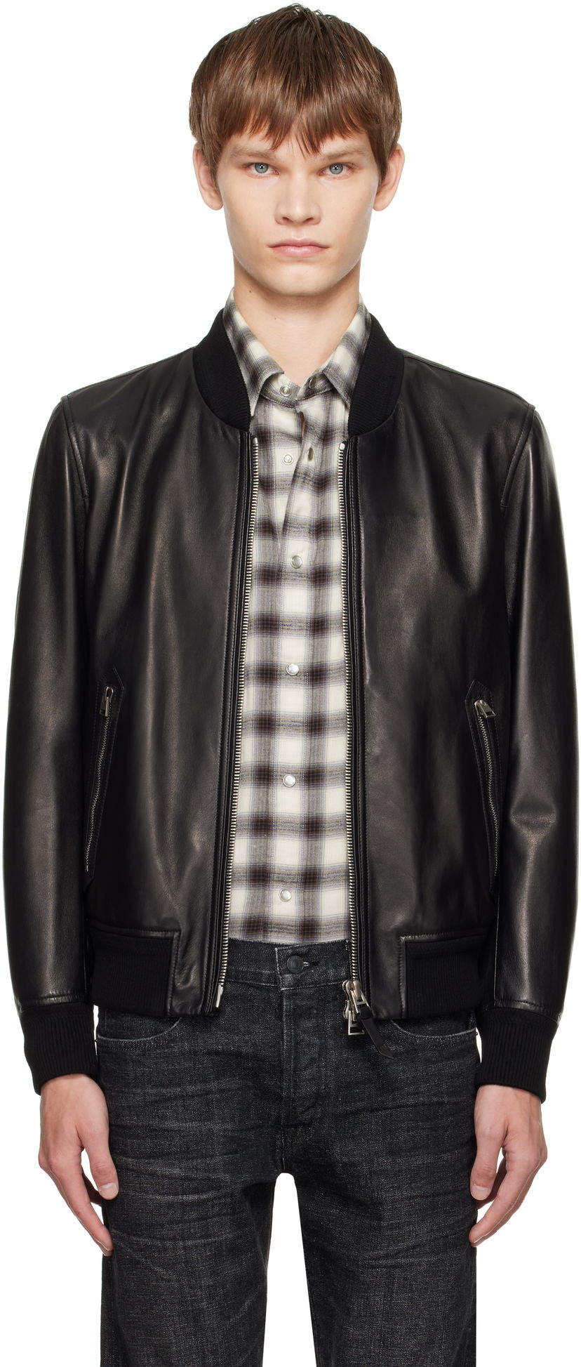 Bomberjakke Tom Ford TOM FORD Shiny Nappa Plonge Leather Bomber Jacket Sort | LBS029-LMN029