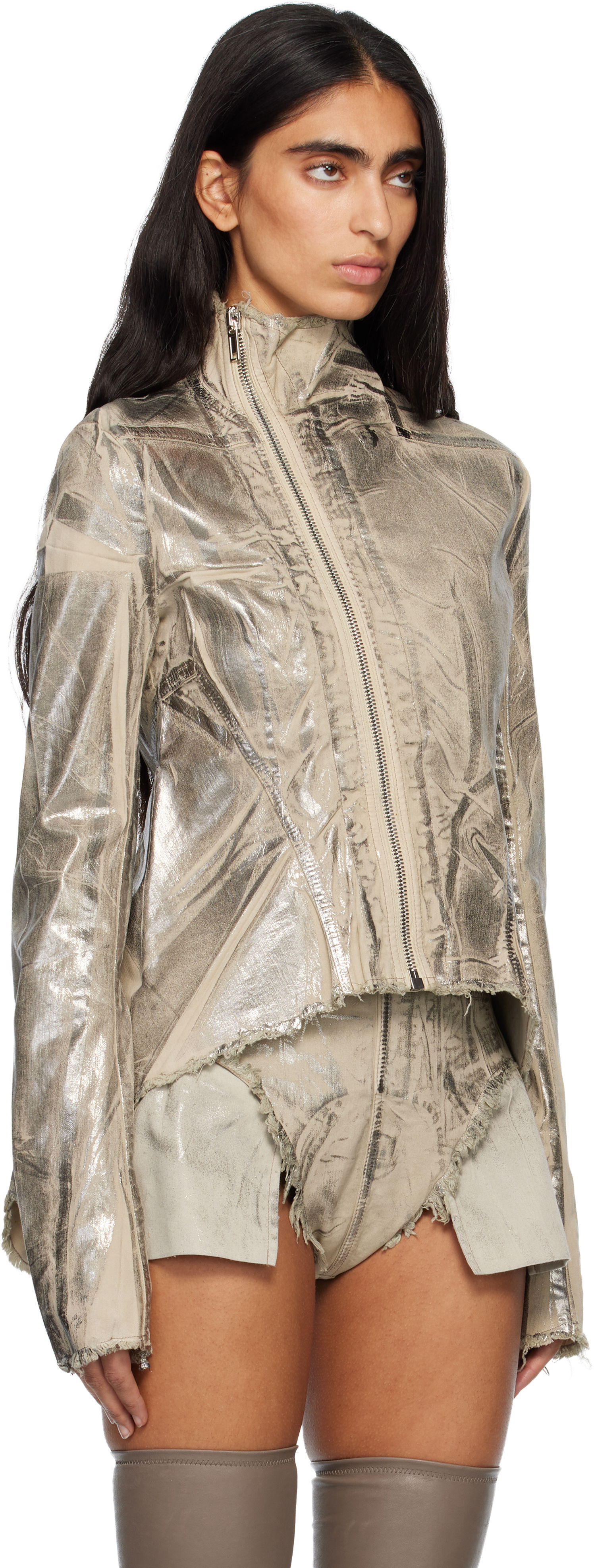Jakke Rick Owens Concordians Naska Gary Metallic Crinkled Denim Jacket Metalisk | DS02E7703 SDPF, 1