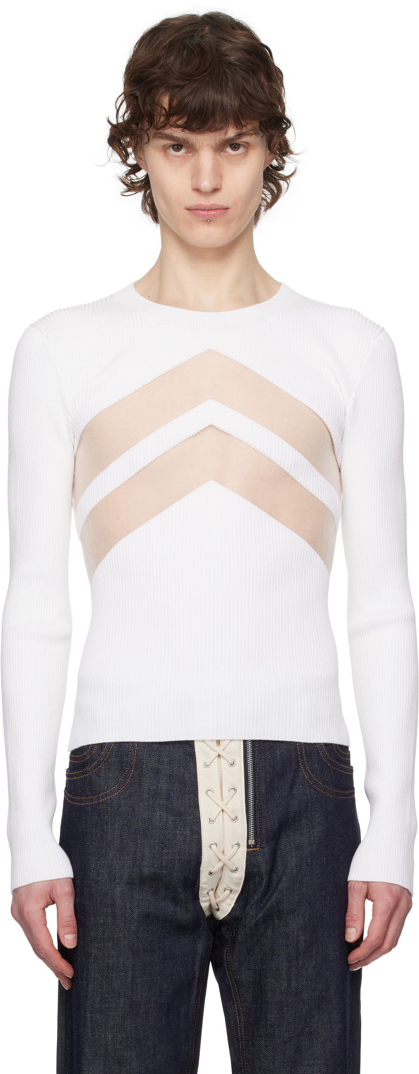 Sweater Jean Paul Gaultier Jean Paul Gaultier 'The Chevrons' Ribbed Sweater Hvid | 25/33-F-TO265-M085-01
