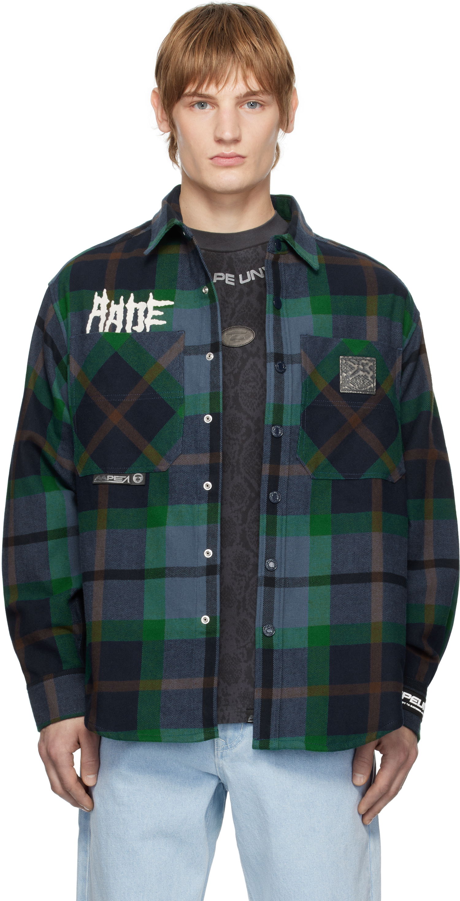 Skjorte AAPE by A Bathing Ape AAPE by A Bathing Ape 'AAPE UNVS' Long Sleeve Check Shirt Blå | AAPSTM8504XXNNYM, 0